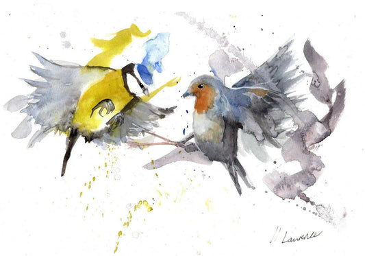 Bird Fight Robin and Blue Tit painting Numbered limited edition Giclee Print of a Watercolour Painting ArtbyMyleslaurence