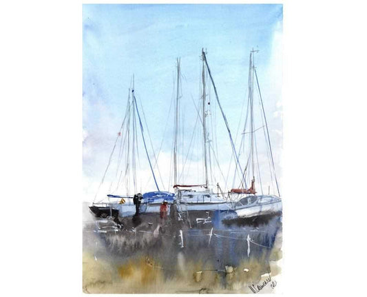 Boatyard scene Numbered limited edition Giclee Print of a Watercolour Painting ArtbyMyleslaurence