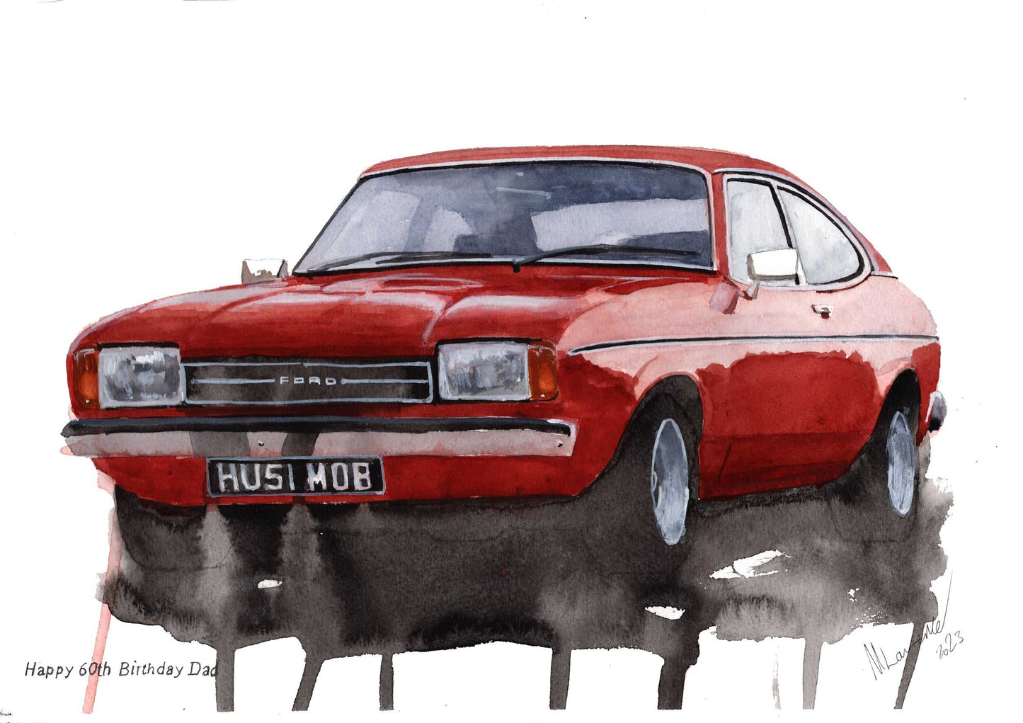 Ford capri Mk2 Commission Watercolour Painting ArtbyMyleslaurence
