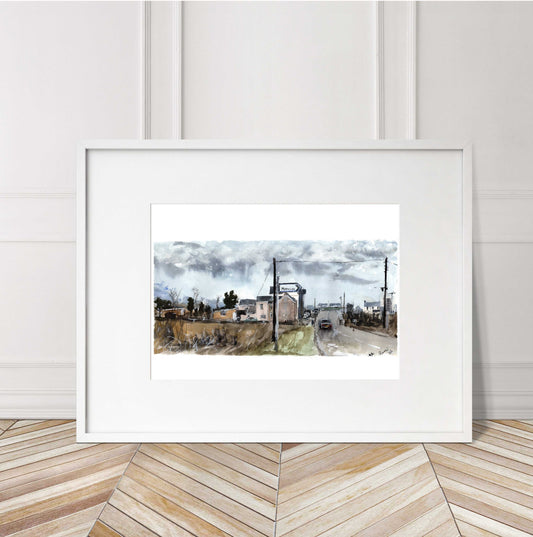 Welsh farm landscape Bancffosfelen scene Numbered limited edition Giclee Print of a Watercolour Painting Framed in white frame A4 ArtbyMyleslaurence