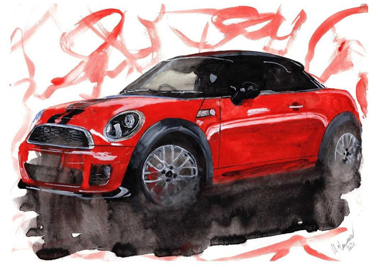 BMW Mini Coupe Print Watercolour Painting Limited Print ArtbyMyleslaurence