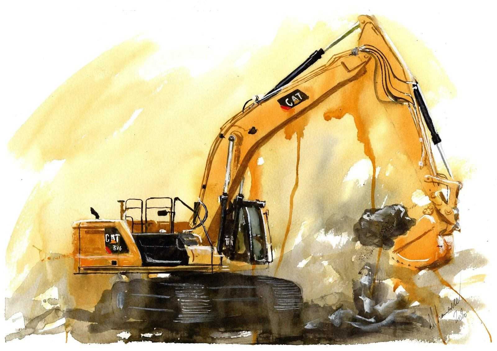 Cat 336 Excavator Print Watercolour Painting Back Hoe Limited Print Digger ArtbyMyleslaurence