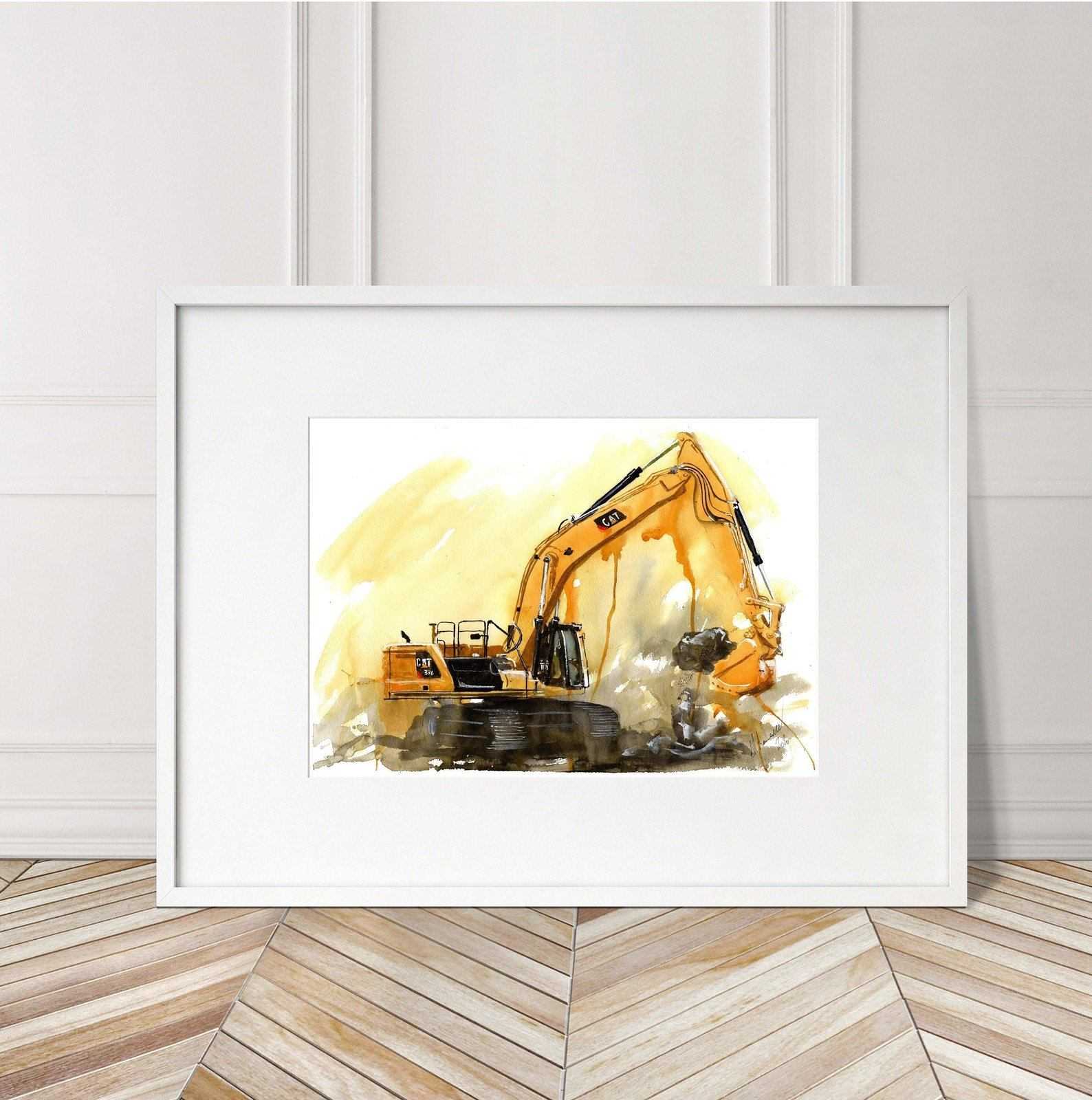 Cat 336 Excavator Print Watercolour Painting Back Hoe Limited Print Digger ArtbyMyleslaurence