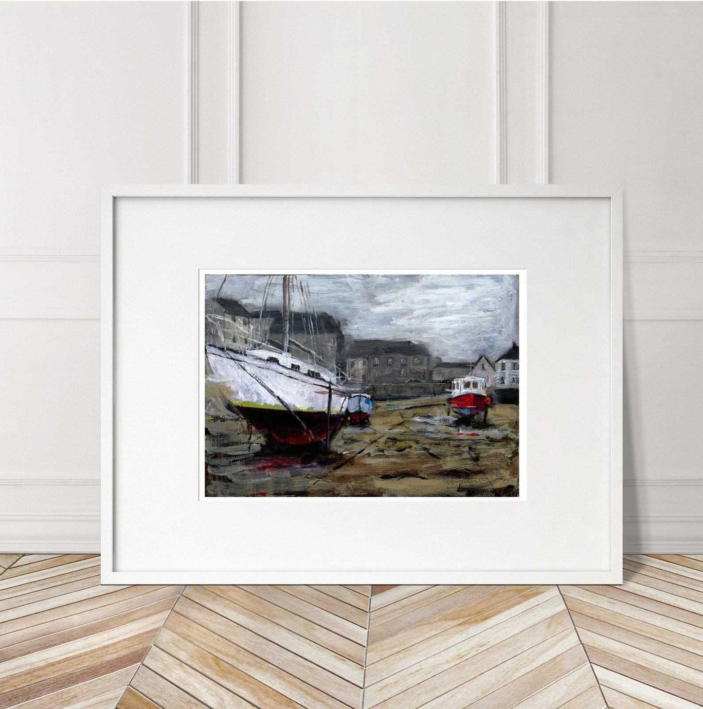 Harbour Painting low tide Sailing Boat yacht Numbered limited edition Giclee Print of an acrylic Painting ArtbyMyleslaurence