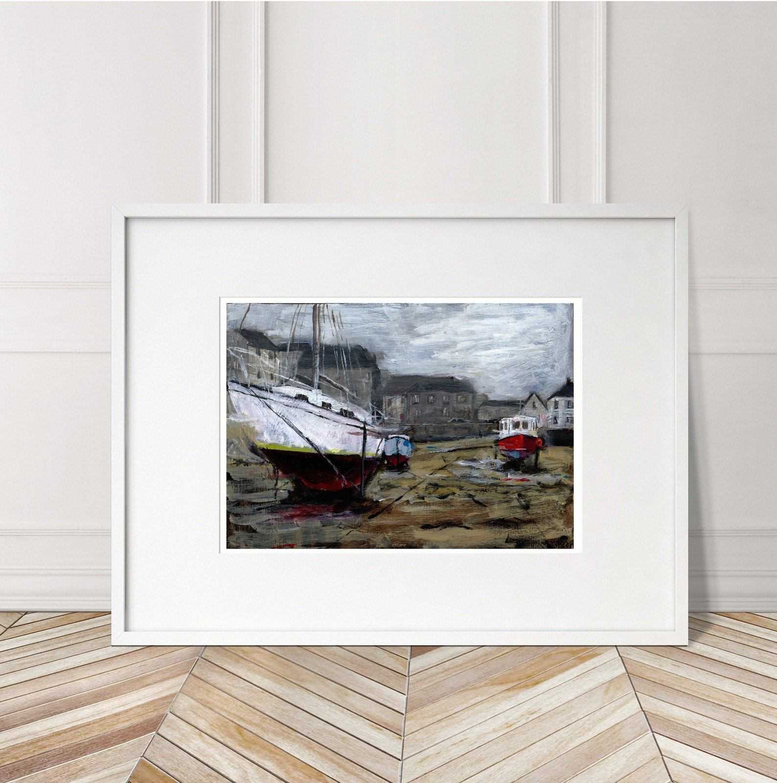Harbour Painting low tide Sailing Boat yacht Numbered limited edition Giclee Print of an acrylic Painting ArtbyMyleslaurence