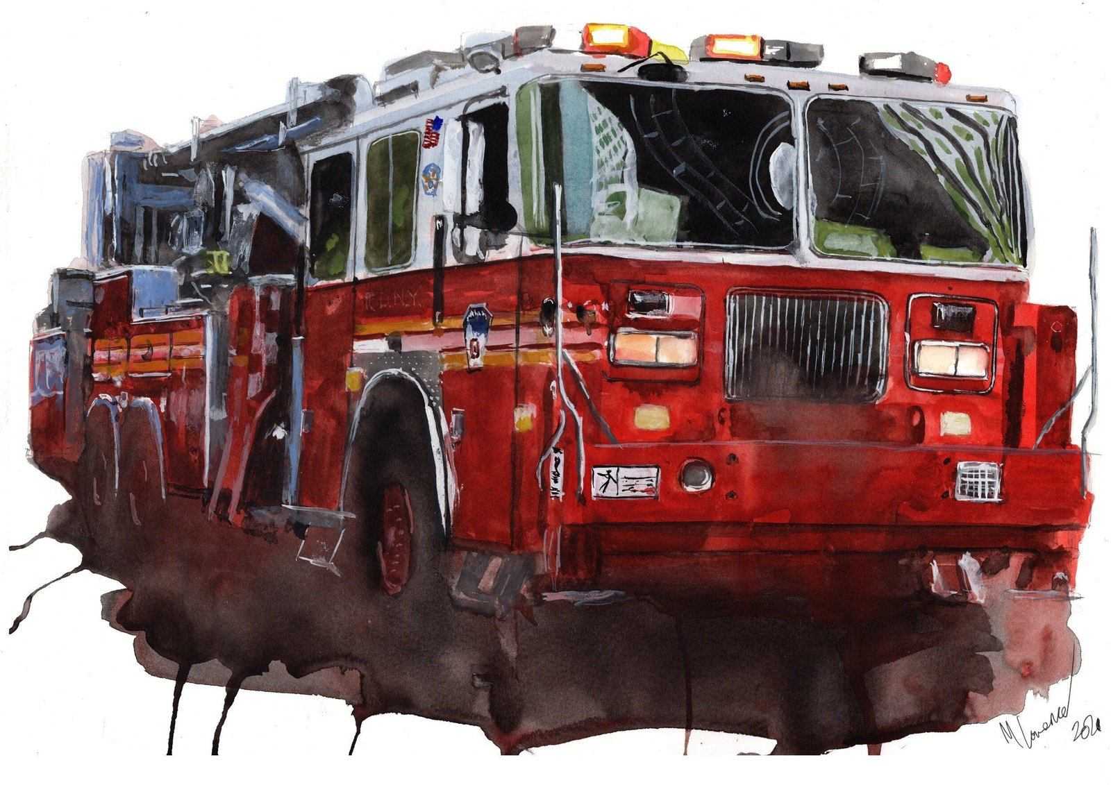 New York City Fire Truck Print Watercolour Painting Limited Print NYFD Fire Engine ArtbyMyleslaurence