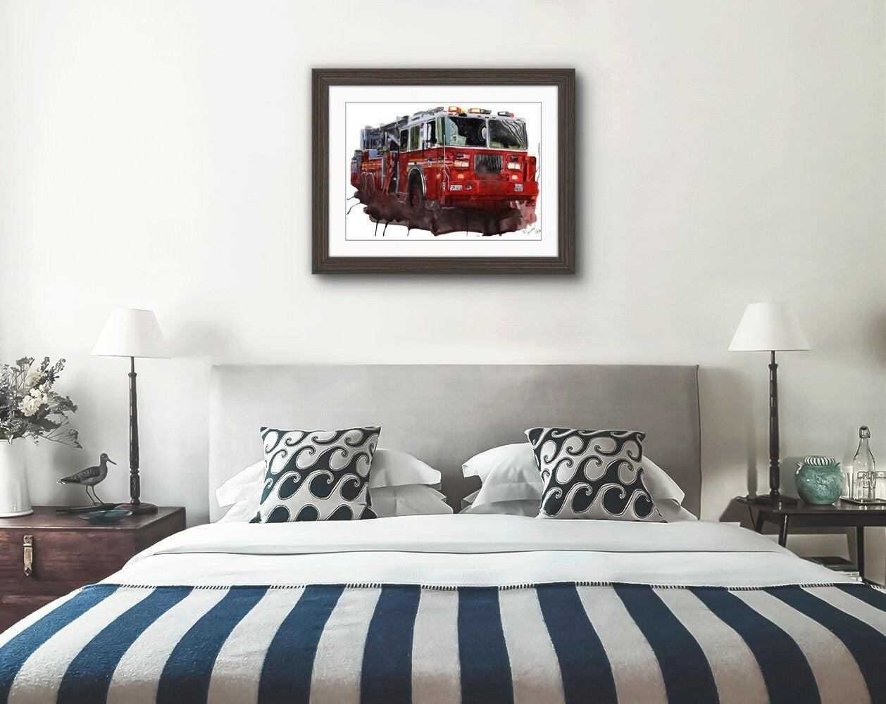 New York City Fire Truck Print Watercolour Painting Limited Print NYFD Fire Engine ArtbyMyleslaurence