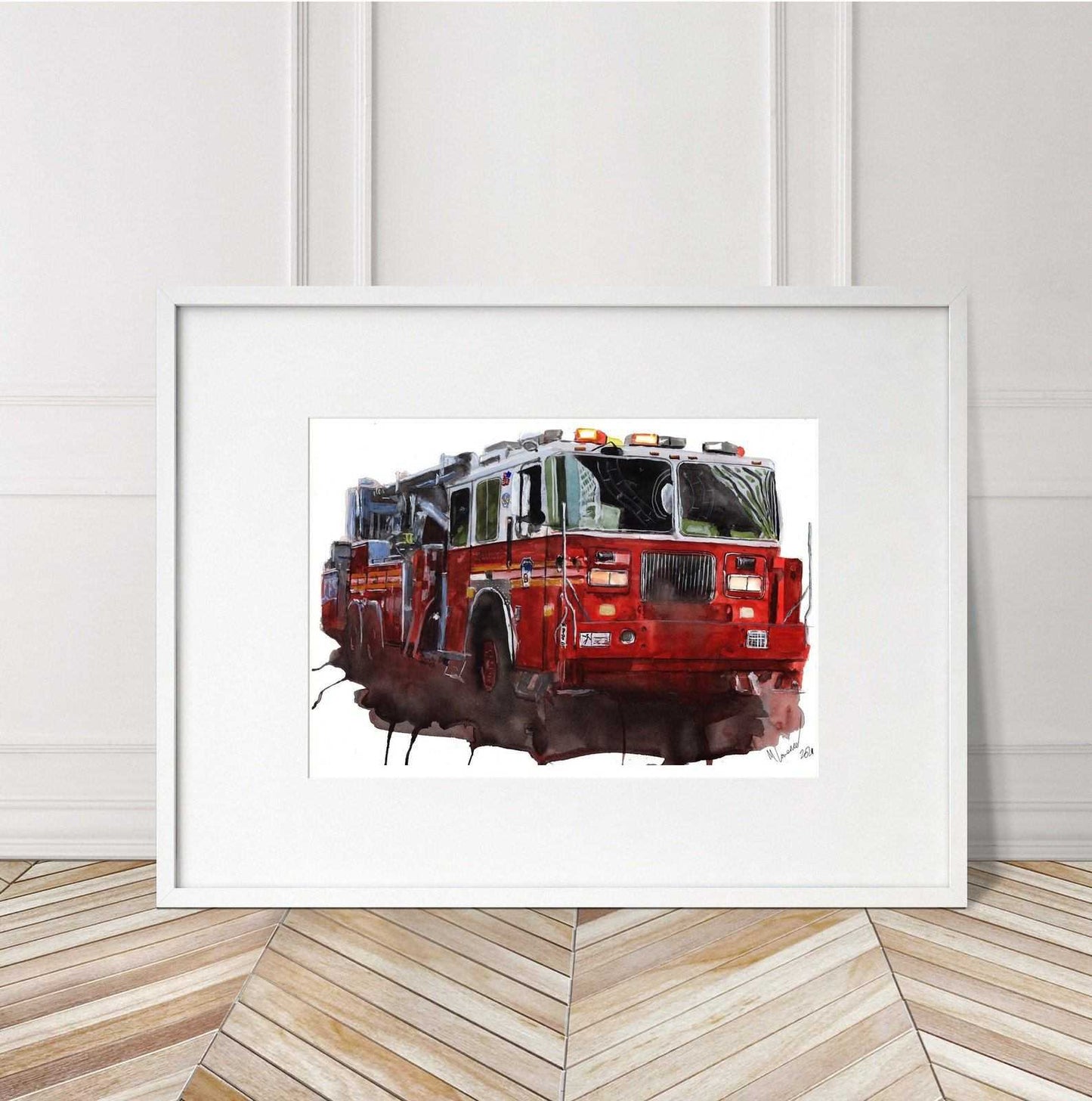 New York City Fire Truck Print Watercolour Painting Limited Print NYFD Fire Engine ArtbyMyleslaurence