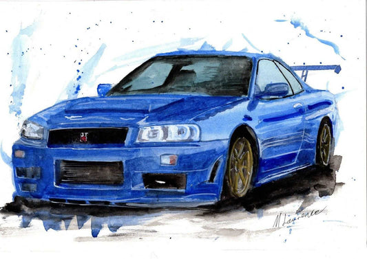 Nissan R34 Gtr Skyline Print Watercolour Painting Car Limited Print ArtbyMyleslaurence