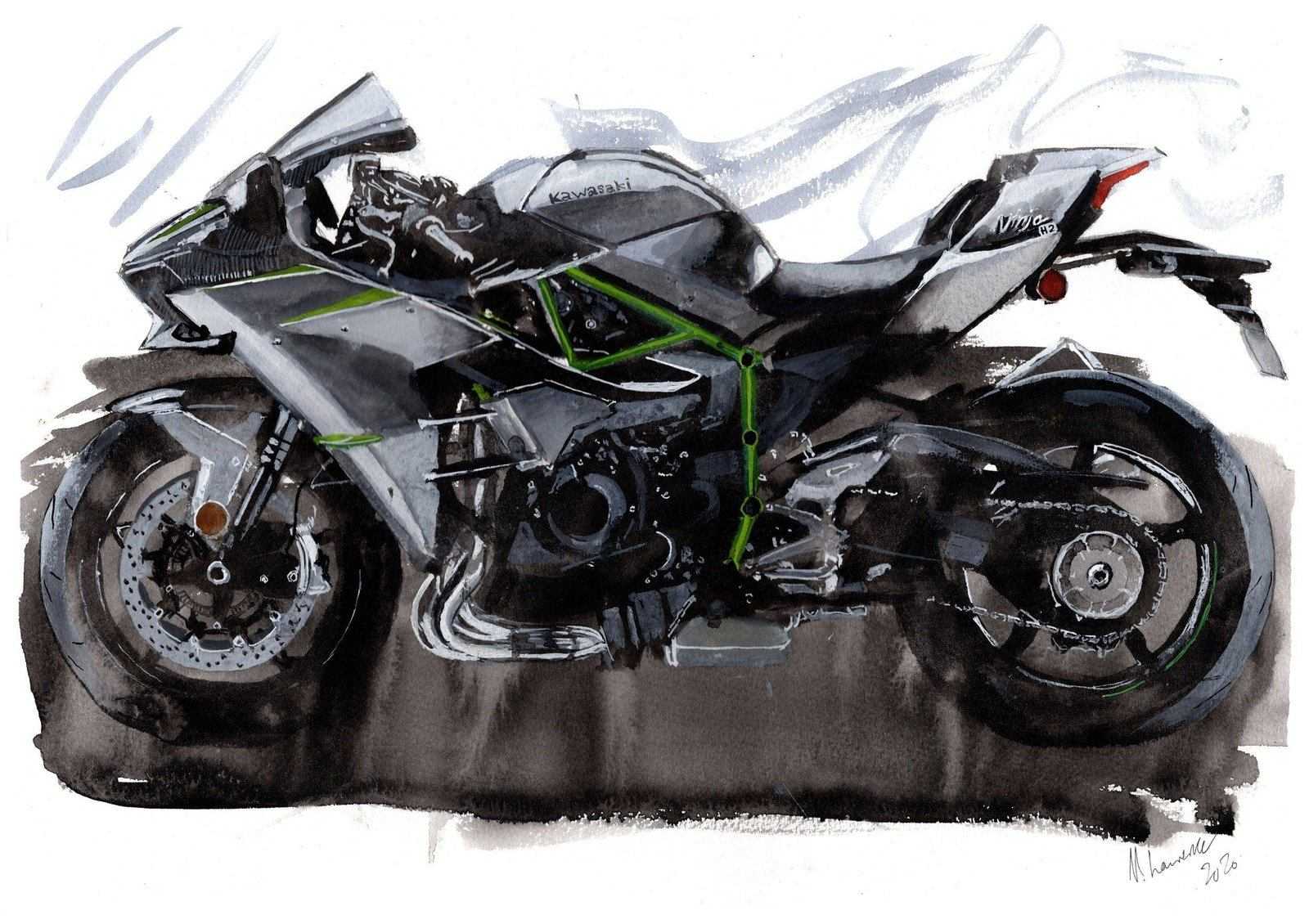 Painting of a Kawasaki Ninja H2 Limited Print Motorcycle Bike ArtbyMyleslaurence