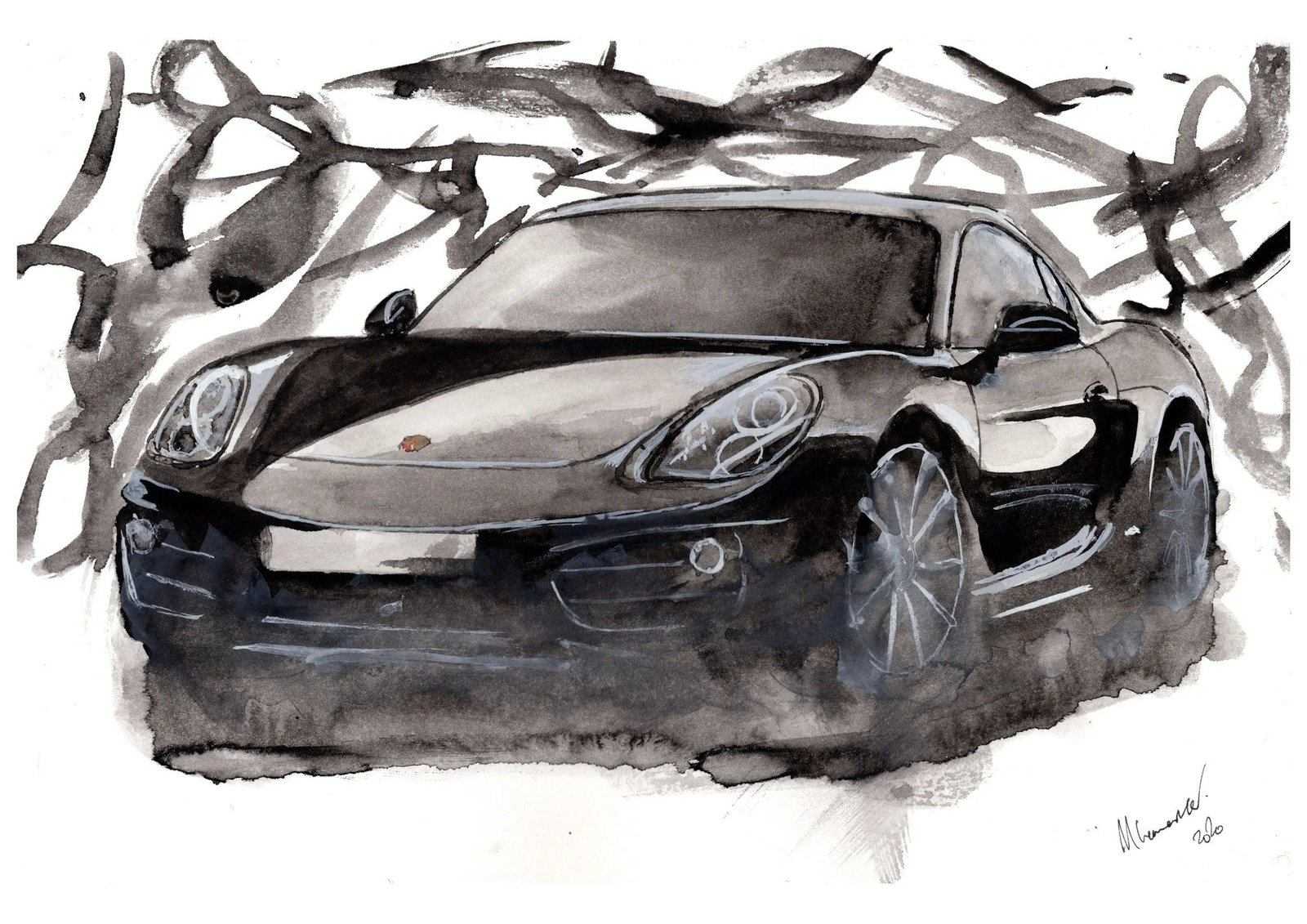 Porsche Cayman 718 Print Watercolour Painting Black Limited Print ArtbyMyleslaurence