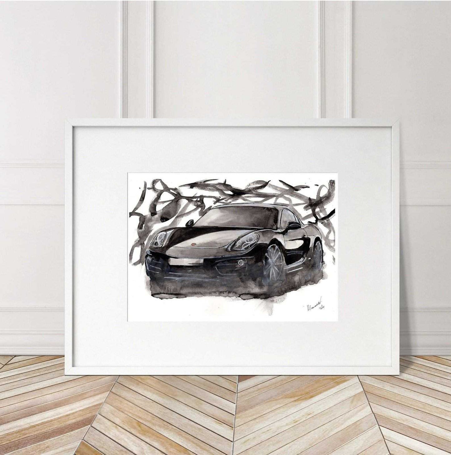 Porsche Cayman 718 Print Watercolour Painting Black Limited Print ArtbyMyleslaurence