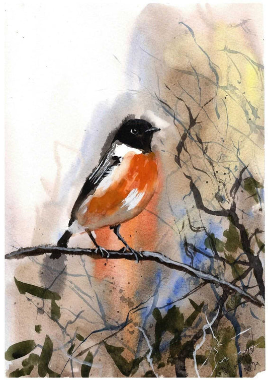 Stonechat Painting Numbered limited edition Giclee Print of a Watercolour Painting ArtbyMyleslaurence