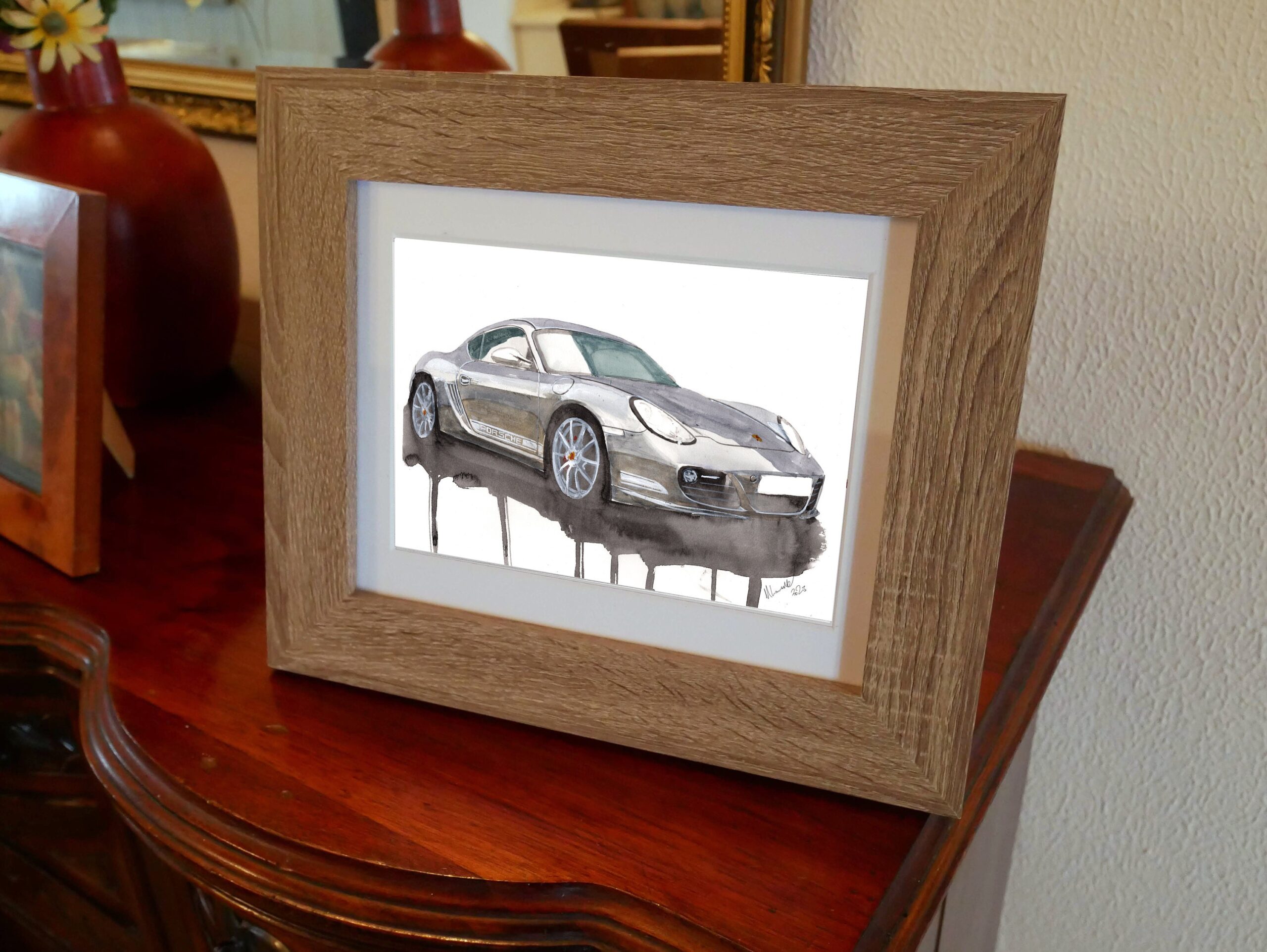 hand painted porsche cayman print. unique cayman poster. limited edition automobile wall art